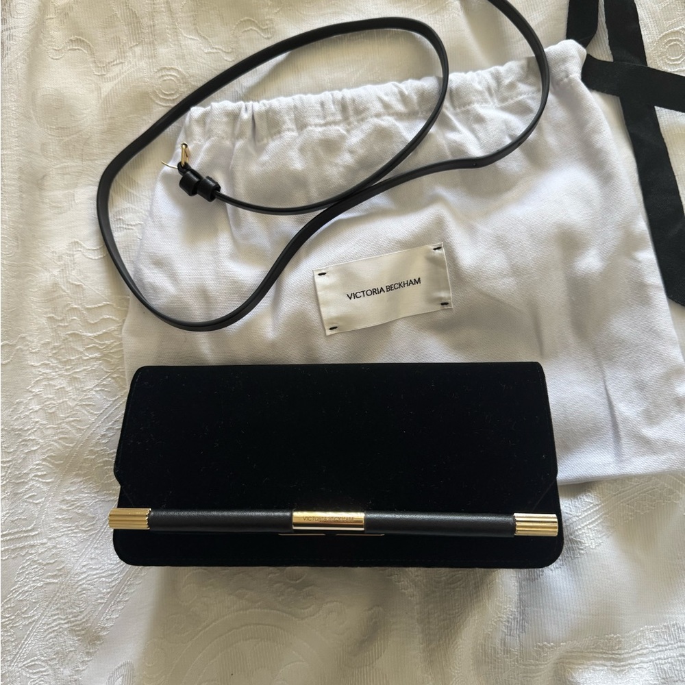 VICTORIA BECKHAM Black Velvet Clutch with Gold Details.